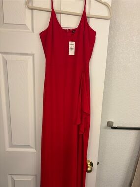 Express Red Spaghetti-Strap Maxi Dress with Side Ruffle